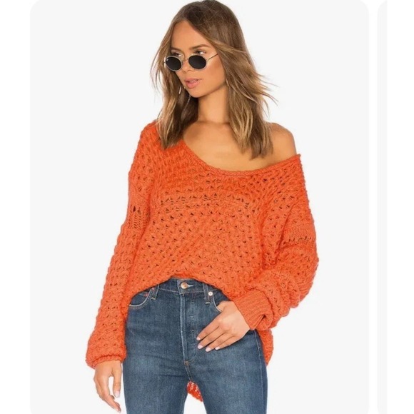 FREE PEOPLE ORANGE Crashing Waves Pullover Chunky Knit Oversize Sweater Size L - Picture 1 of 7